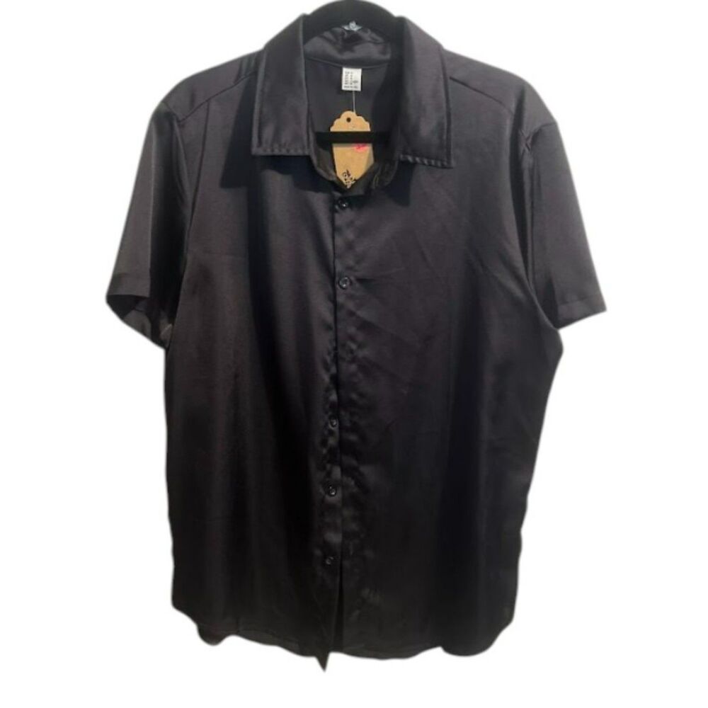 Black Satin Button Down Blouse Short Sleeve Collared Shirt, Silky Dressy Top